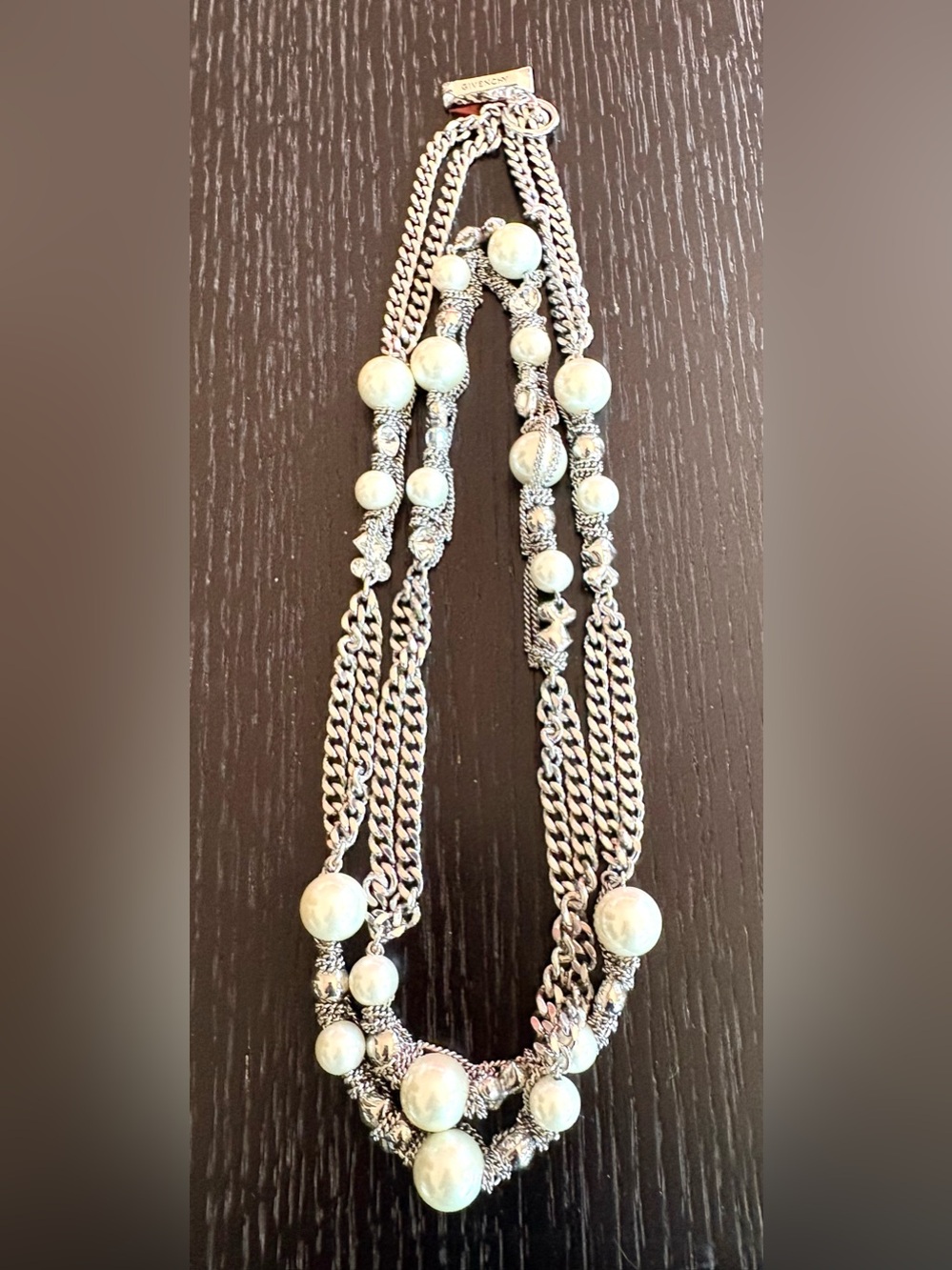 Givenchy Haute Couture Vintage Rhodium Faux Pearl and Rhinestone Necklace